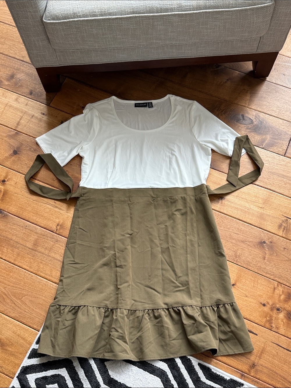 Nina Leonard Olive and White Tie-Waist Midi Dress